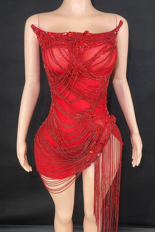 Delilah Rhinestone Strapless Mesh Mini Dress - Red