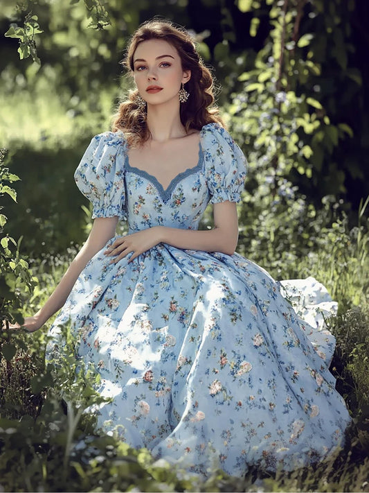 Floral print V-neck puff sleeve maxi dress - blue