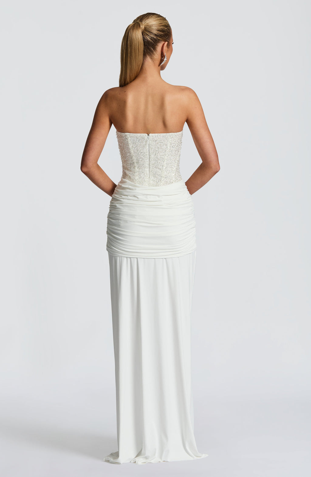 Albie Sequin Strapless Ruched Maxi Dress - White
