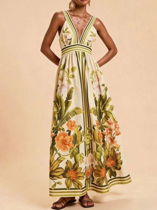Tropical Print V-Neck Maxi Dress