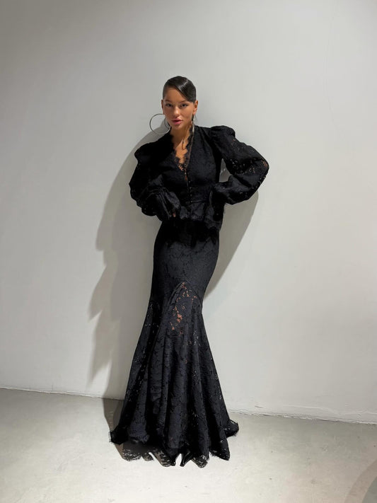 Umeko Lace Blouse & Maxi Skirt Set - Black