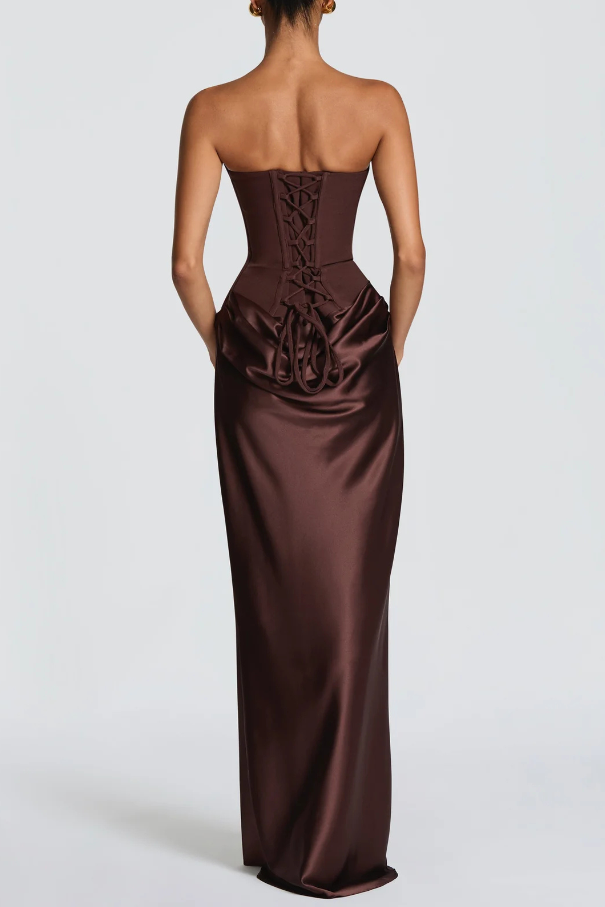 AIsolda Strapless Corset Scarf Satin Maxi Dress - Brown