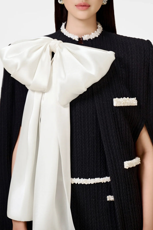 Abene Bow Beaded Embellished Knit Cape - Black
