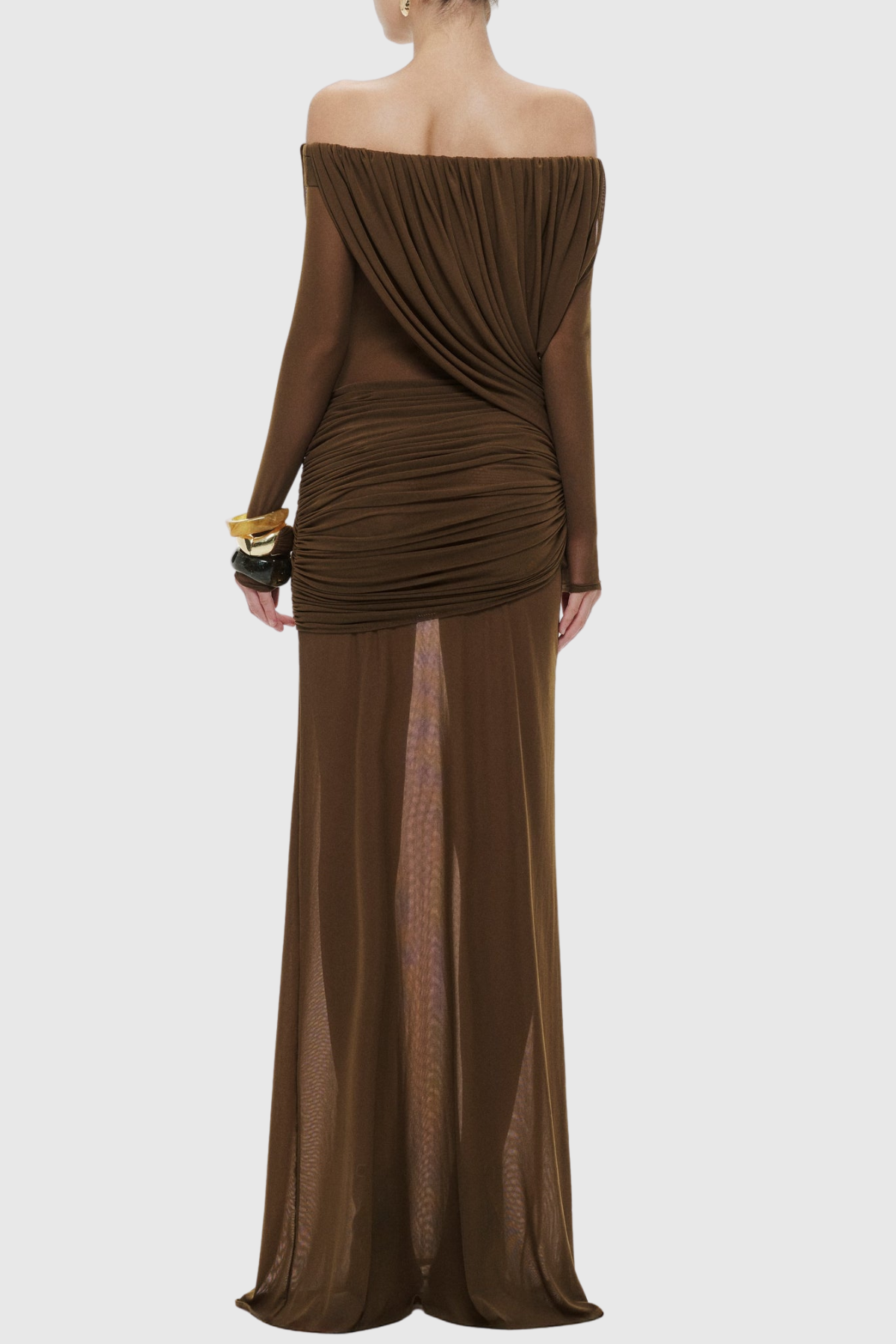 Adair Off Shoulder Draped Mesh Maxi Dress - Brown
