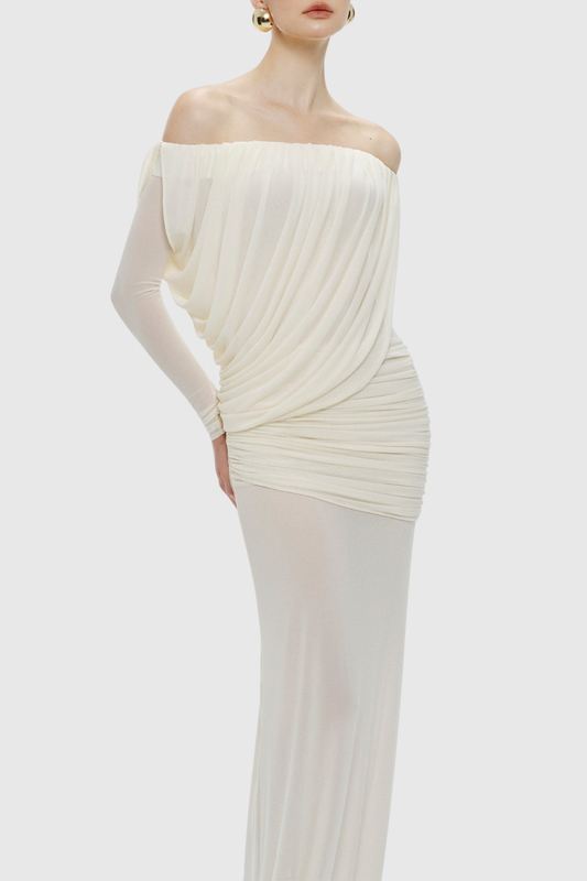 Adair Off Shoulder Draped Mesh Maxi Dress - White