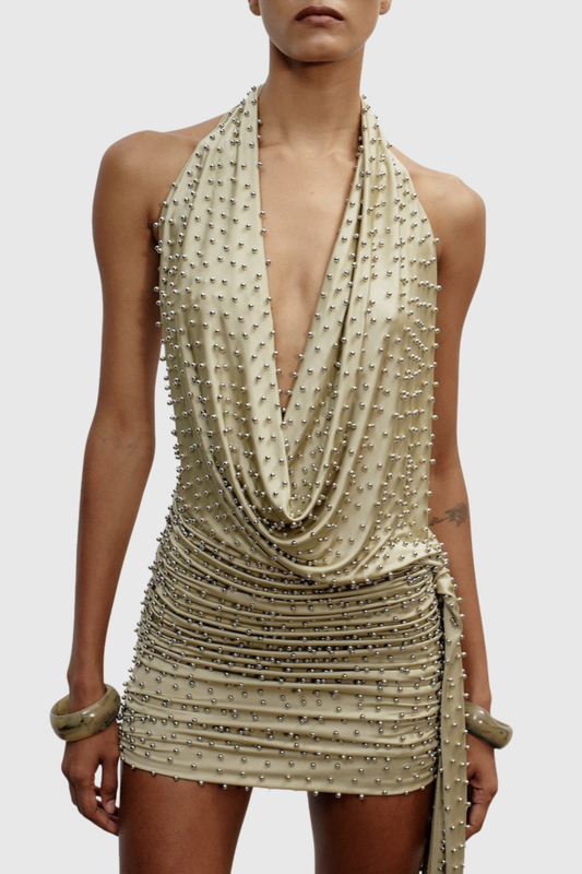 Adlai Stud Embellished Halter Mini Dress - Beige