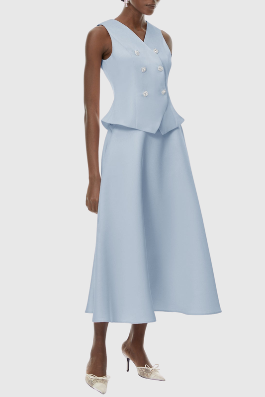 Adrien Crystal Embellished Vest & Midi Skirt Set - Blue