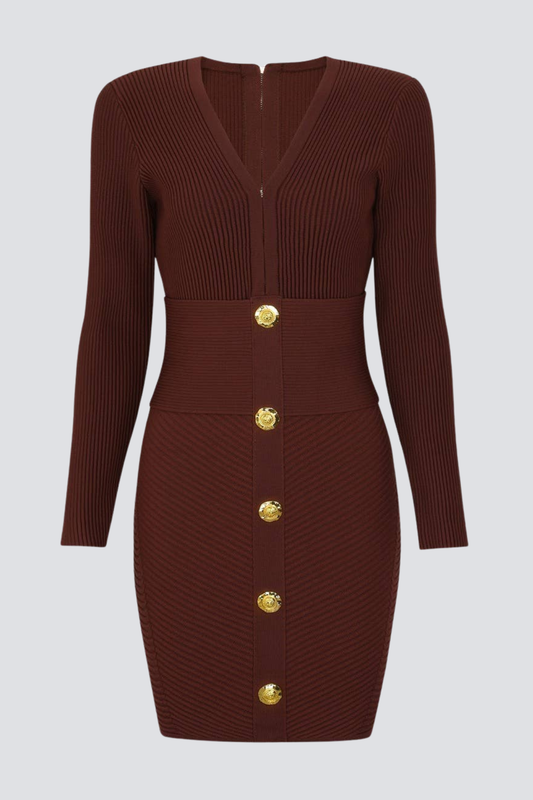 Aero Buttoned Ribbed Knit Mini Dress - Brown