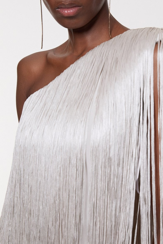 Aimee One Shoulder Fringe Mini Dress - Silver