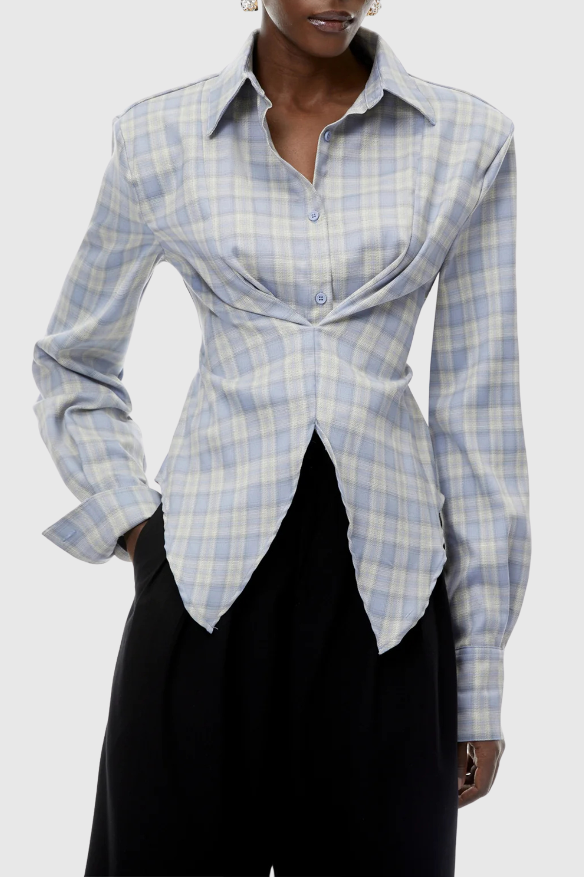 Akiko Plaid Cutout Blouse - Blue