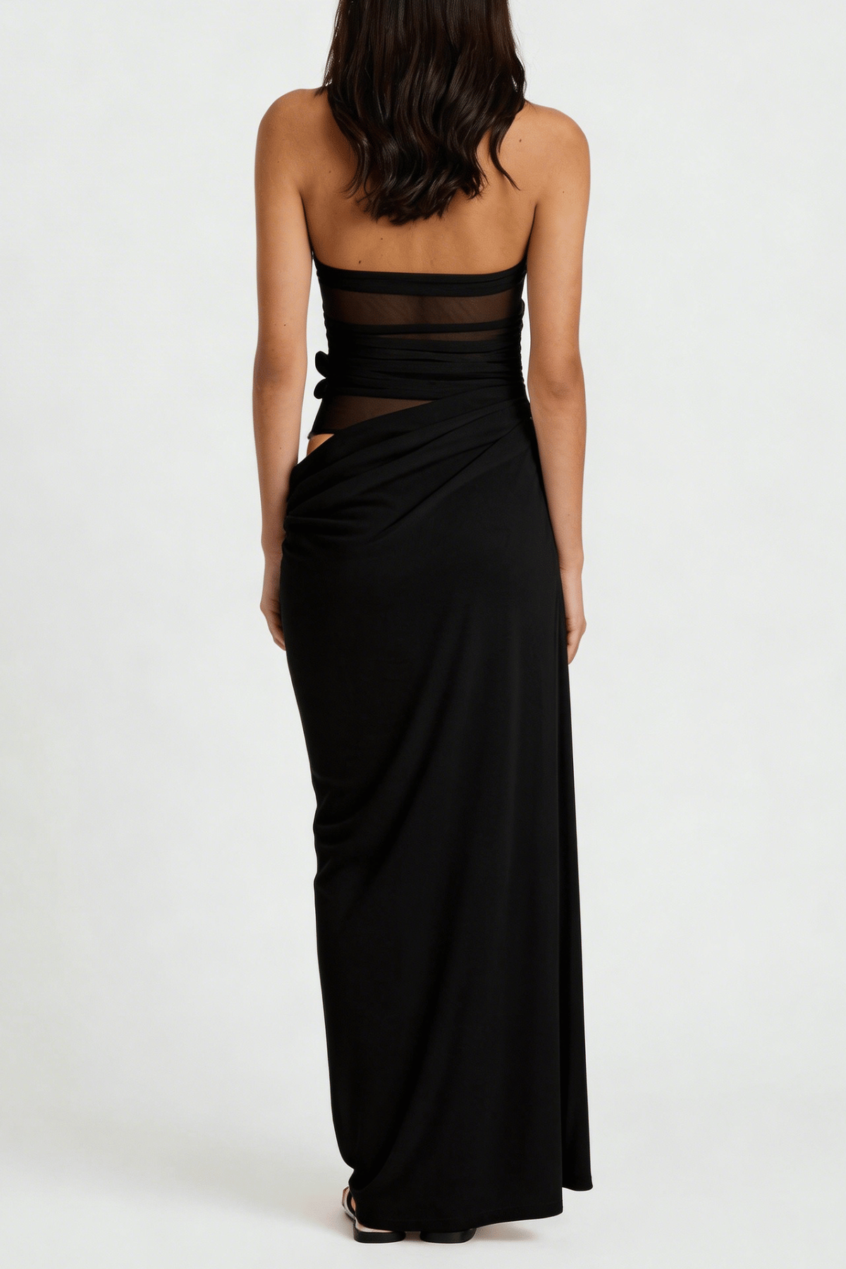 Alegria Halter Floral Mesh Draped Maxi Dress - Black