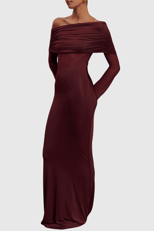 Aletris Off Shoulder Mesh Maxi Dress - Brown