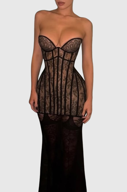 Alisha Strapless Lace Corset Maxi Dress