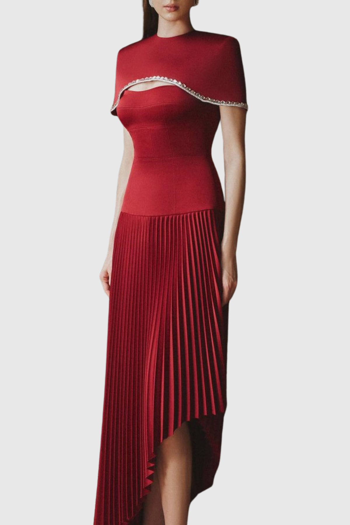 Alizea Rhinestone Cape Asymmetric Pleated Midi Dress