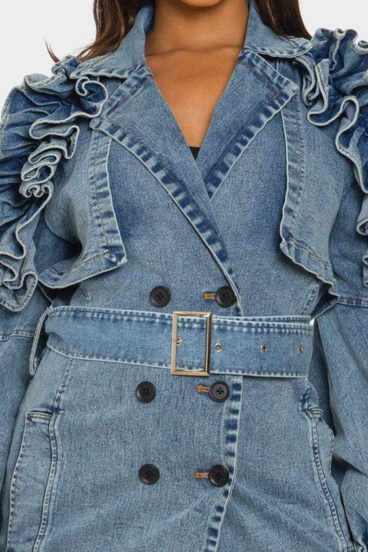 Amaha Ruffle Denim Trench Coat