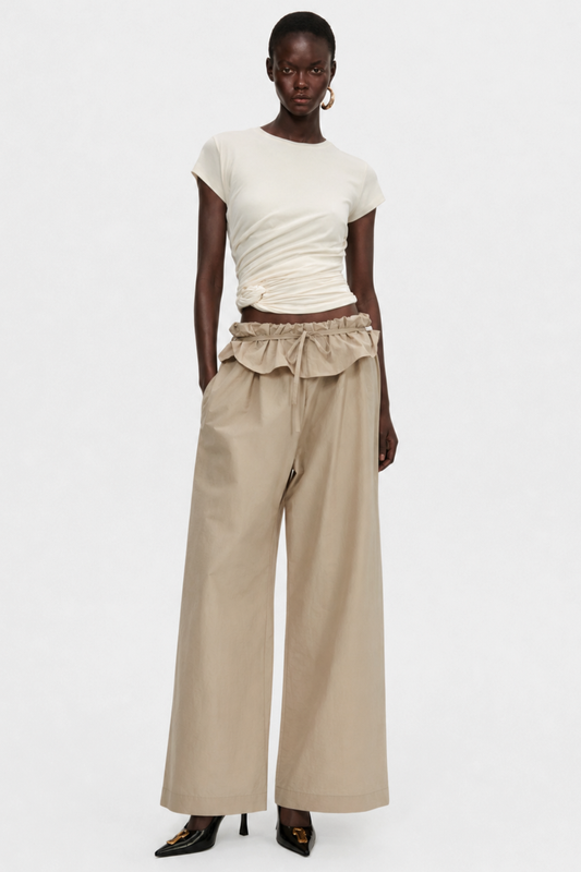 Amare Low-rise Ruffle Waist Trousers - Beige
