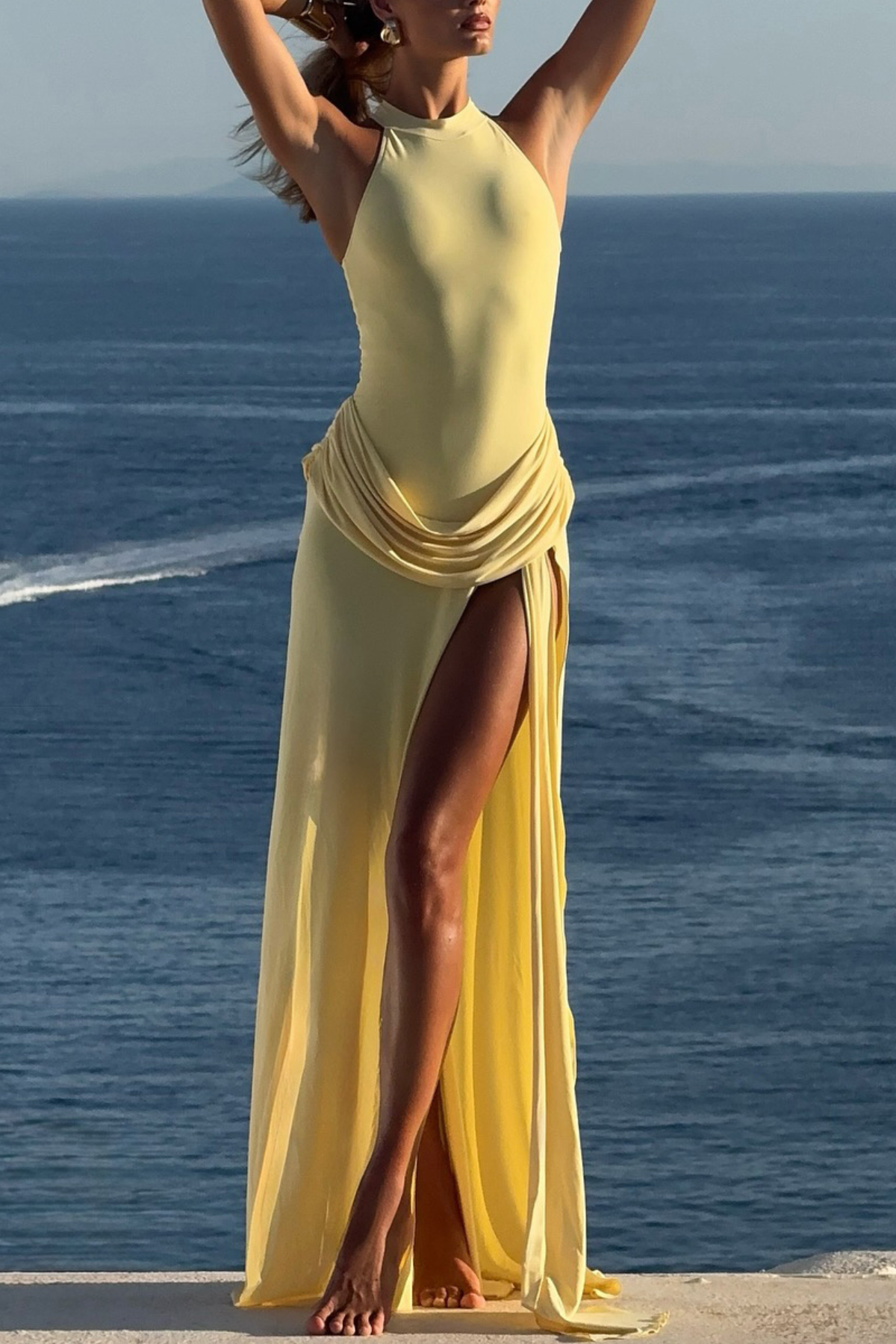 Amaya Draped Sleeveless Split Maxi Dress - Yellow