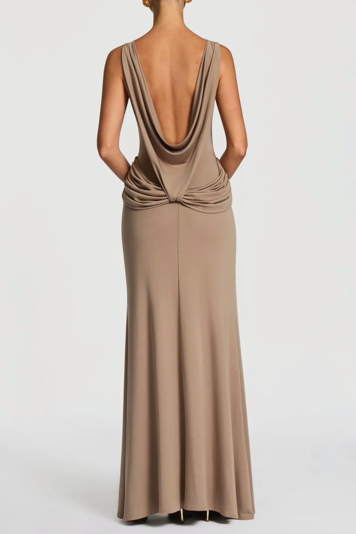 Amaya Sleeveless Ruched Backless Maxi Dress - Khaki