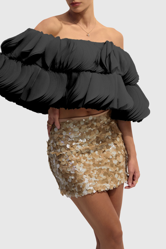 Anae 3D Petal Off Shoulder Crop Top - Black