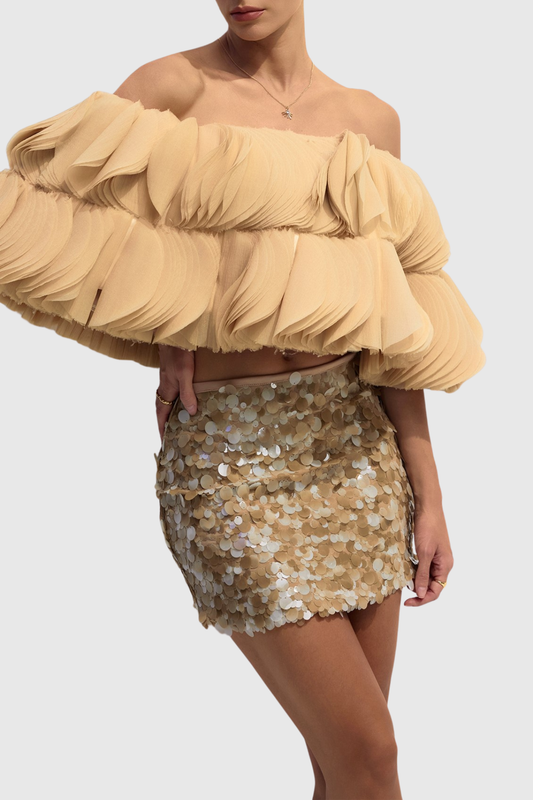 Anae 3D Petal Off Shoulder Crop Top - Khaki