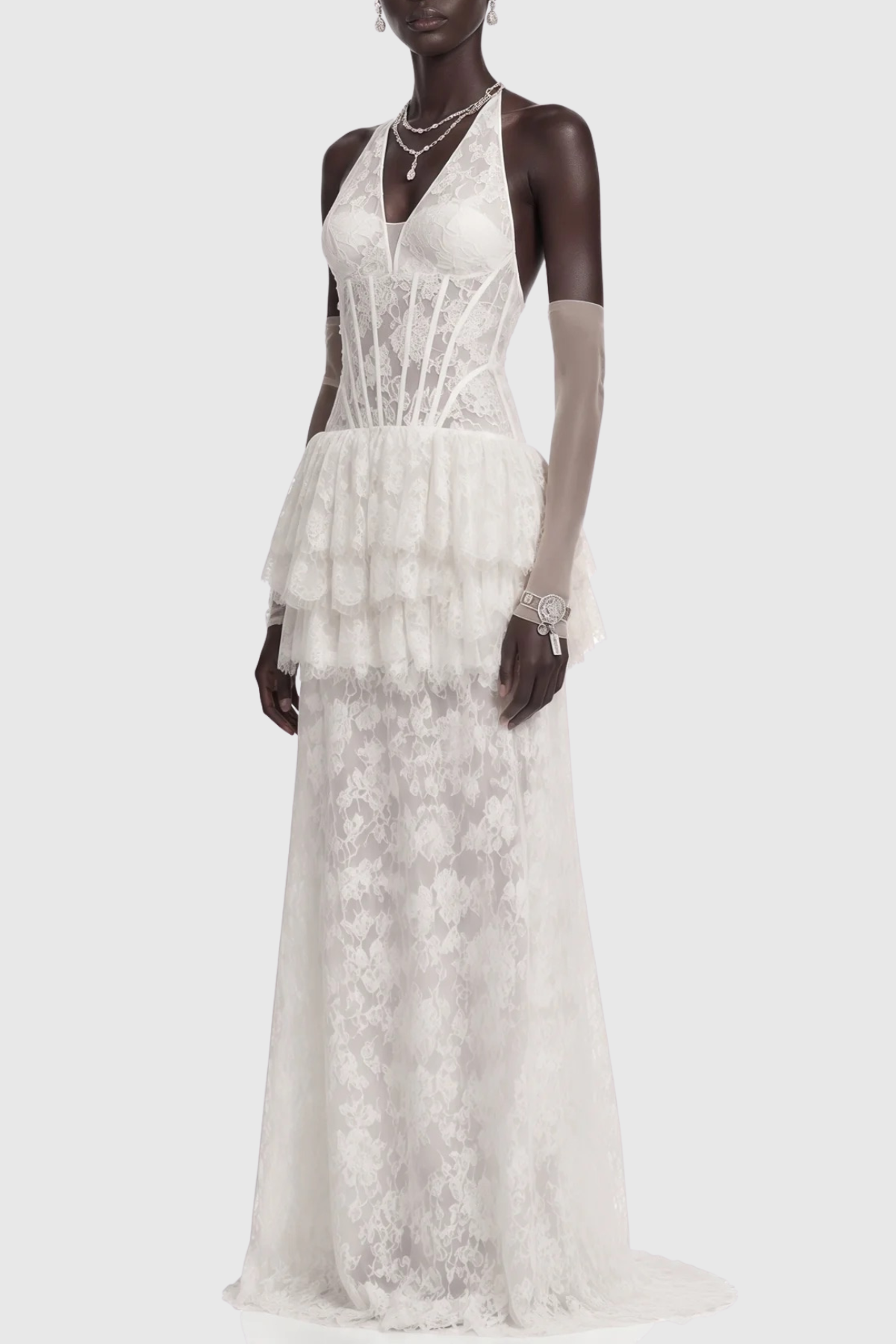 Anemone Halter Lace Tiered Maxi Dress - White