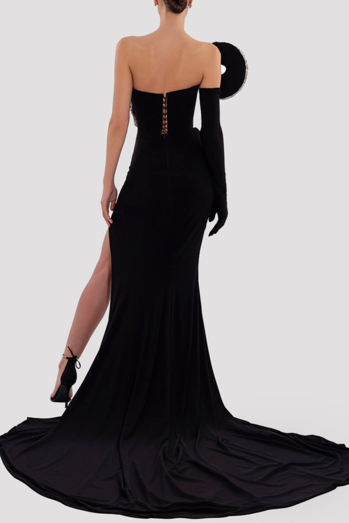Anhda Crystal Strapless Velvet Split Maxi Dress