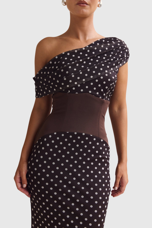 Ankia Off Shoulder Polka Dot Maxi Dress - Brown
