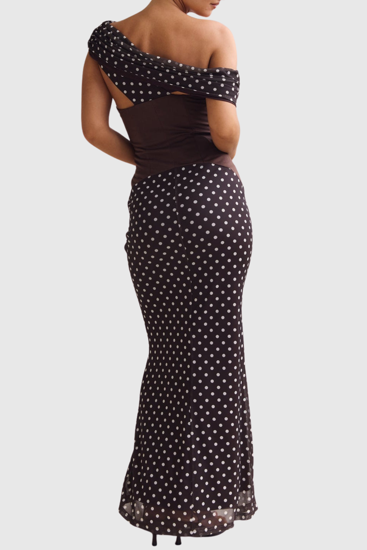 Ankia Off Shoulder Polka Dot Maxi Dress - Brown