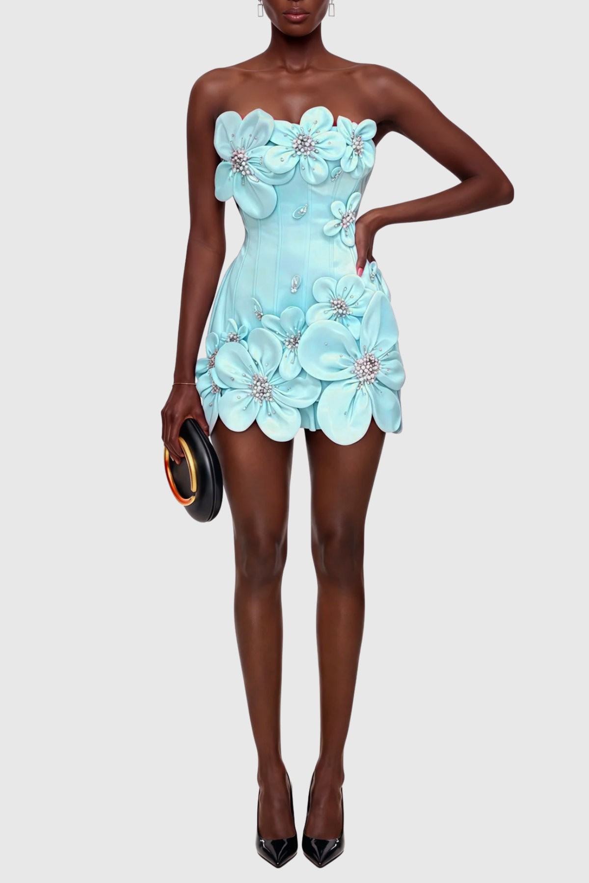 Aoora Floral Appliqué Strapless Mini Dress - Blue