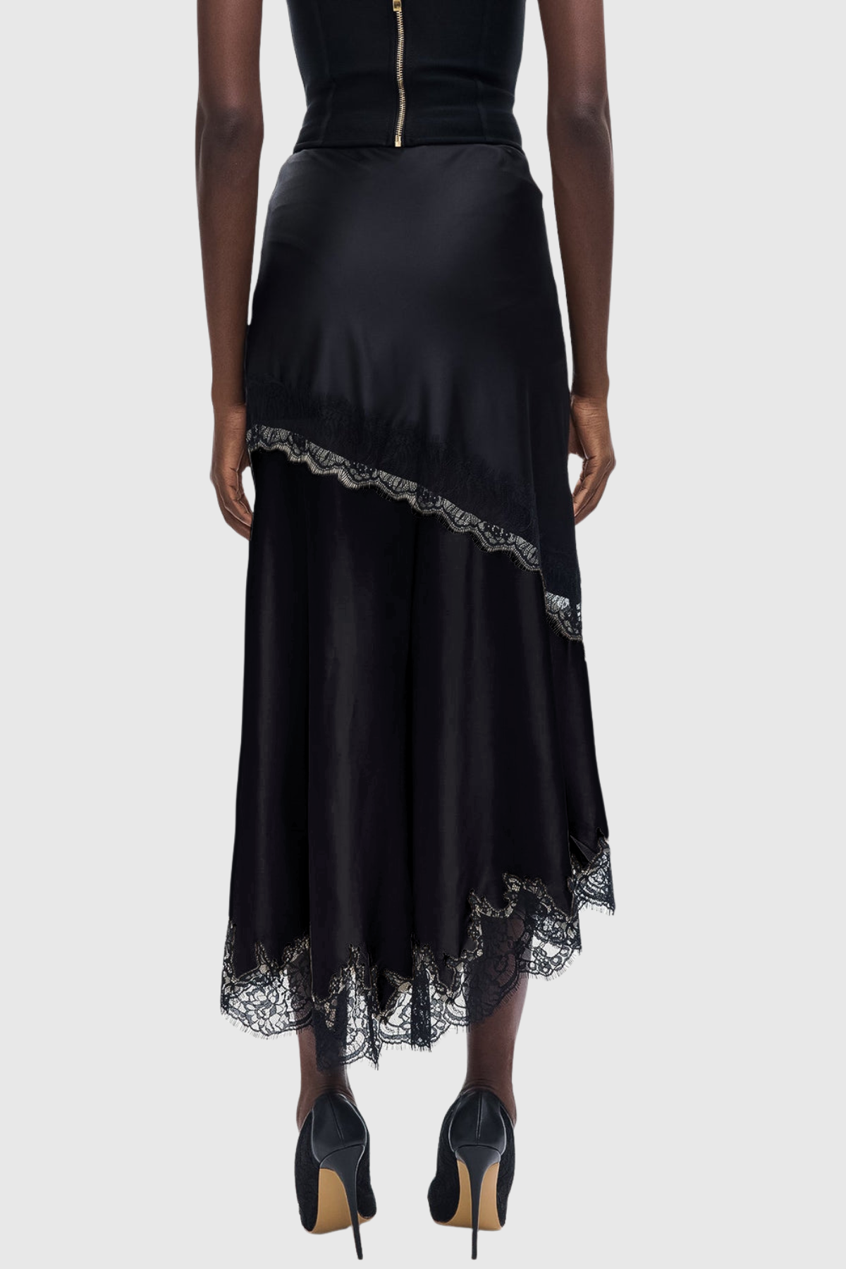 Aroon Lace Trim Asymmetric Satin Skirt - Black