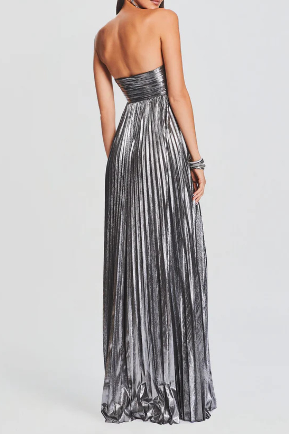 Athena Strapless Pleated Slit Maxi Dress - Silver