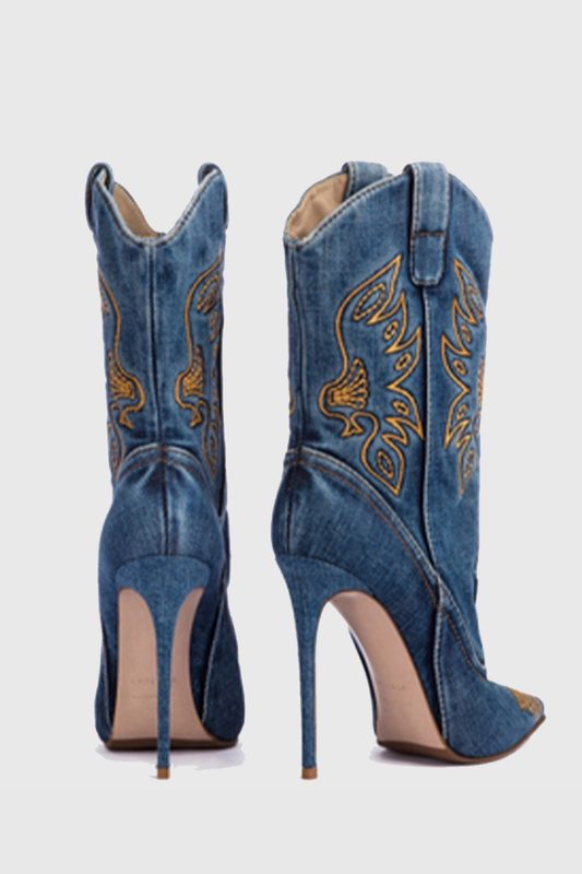Atlas Embroidery Denim Cowboy Mid Calf Boots
