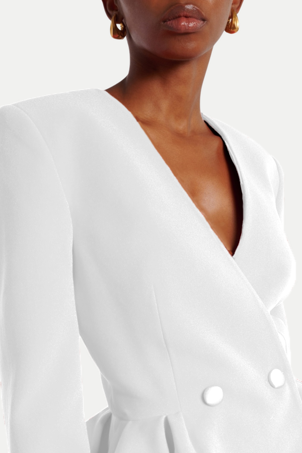 Audith Ruffled Blazer Two Piece Set - White