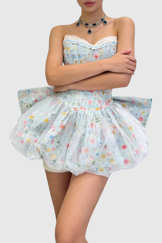 Audra Strapless Bow Bubble Mini Dress - Blue