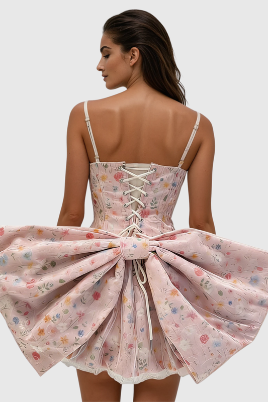 Audra Strapless Bow Bubble Mini Dress - Pink
