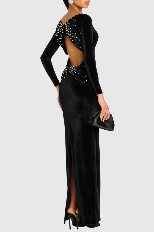 Aurelia Crystal Embellished Velvet Backless Maxi Dress