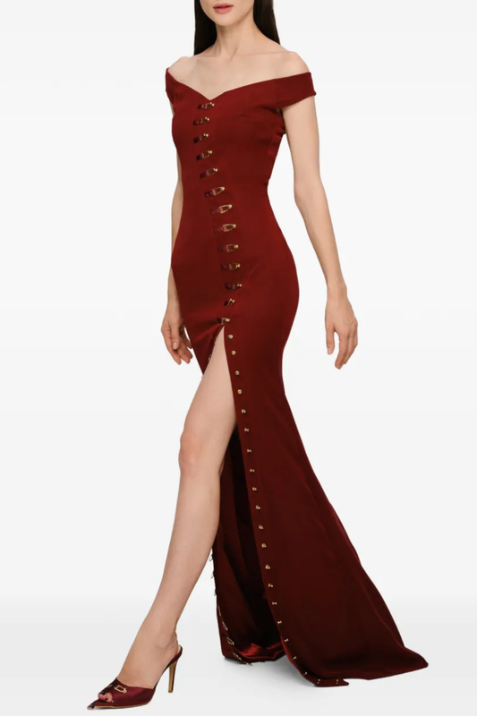 Axela Off Shoulder Split Maxi Dress - Red