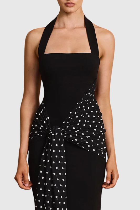 Azha Halter Polka Dot Maxi Dress - Black