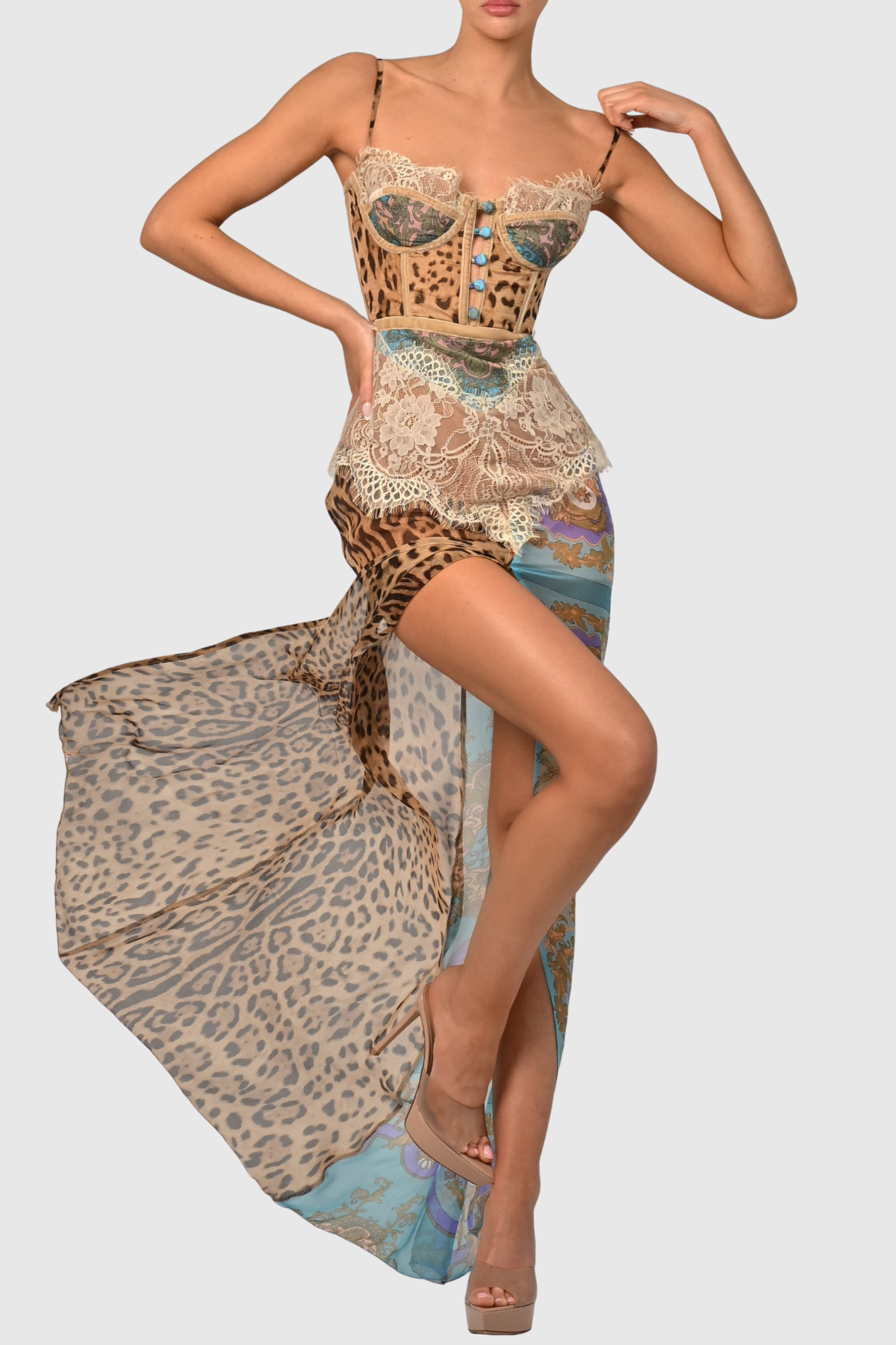 Barba Lace Leopard Print Maxi Dress -Blue