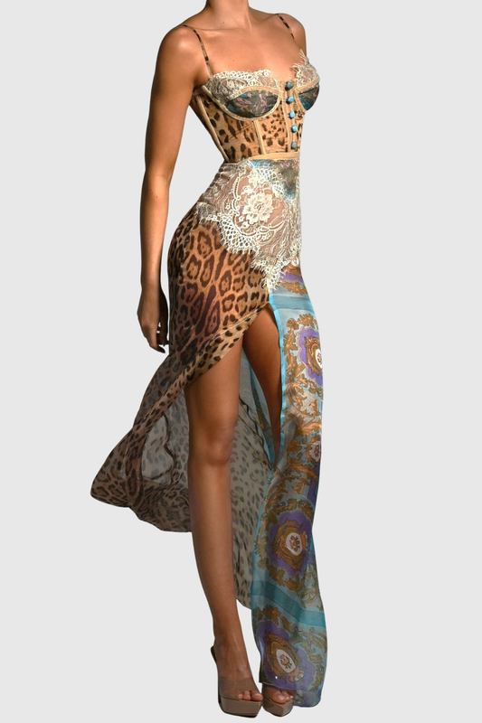 Barba Lace Leopard Print Maxi Dress -Blue