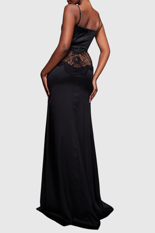 Barba Lace Satin Split Maxi Dress