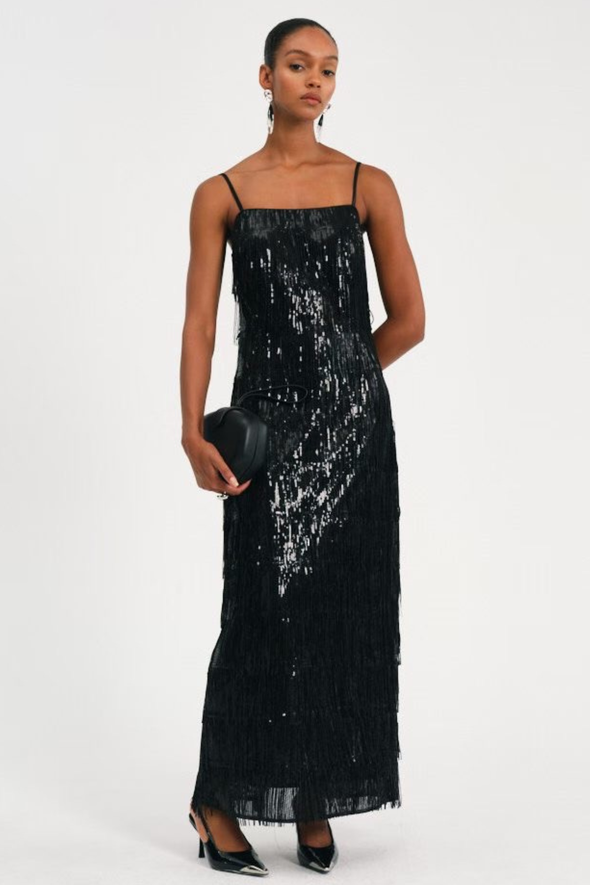 Basma Sequin Fringe Maxi Dress - Black