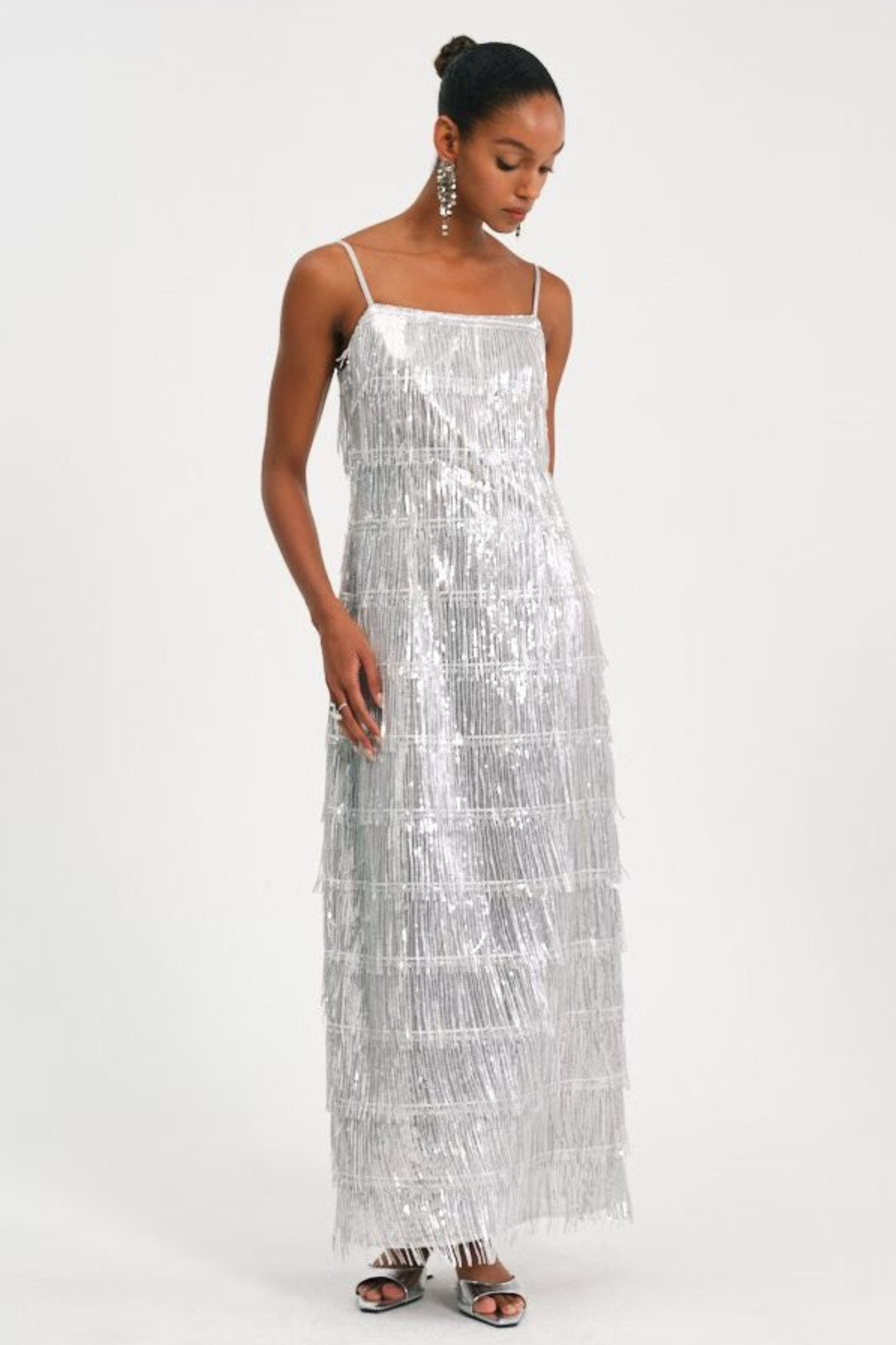 Basma Sequin Fringe Maxi Dress - Silver