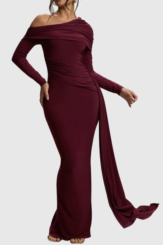 Baxter Off Shoulder Asymmetric Draped Maxi Dress - Wine