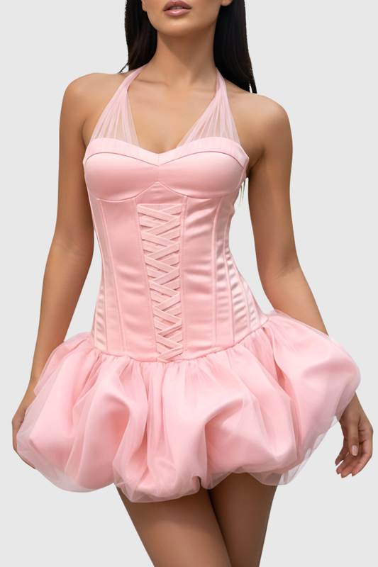 Benaia Lace Up Halter Bubble Mini Dress - Pink