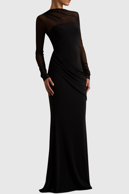 Benito Mesh Ruched Long Sleeve Maxi Dress