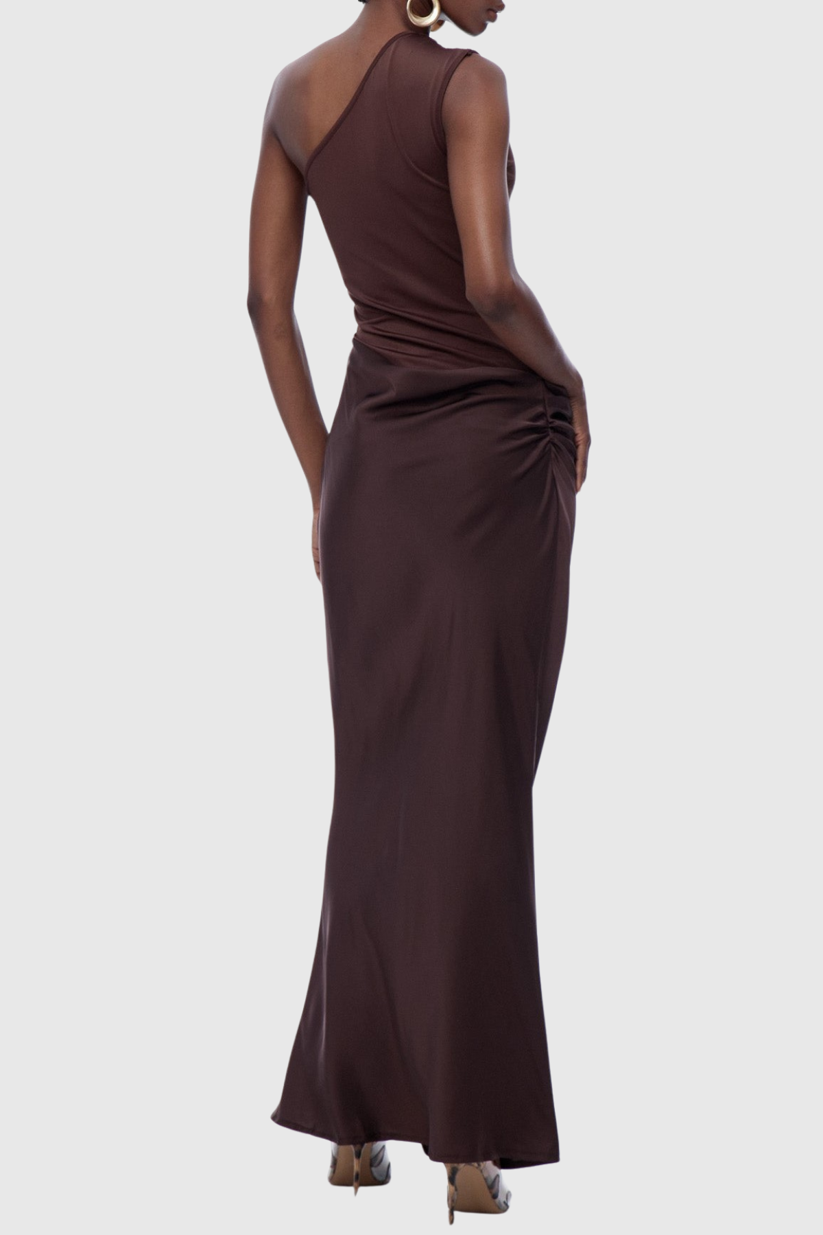 Bertala One Shoulder Satin Ruched Maxi Dress - Brown