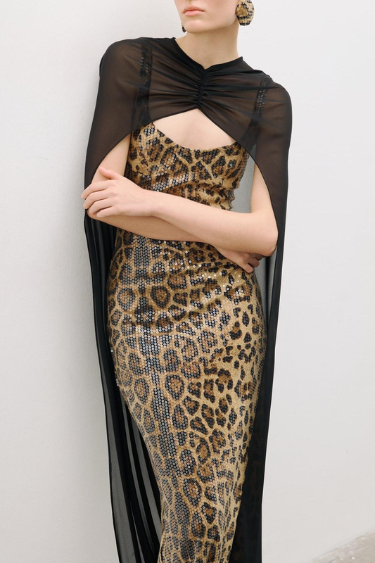 Borgna Leopard Sequin Maxi Dress & Cape Set