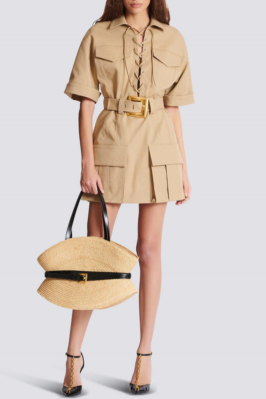Brena Lace Up Belted Mini Dress - Khaki