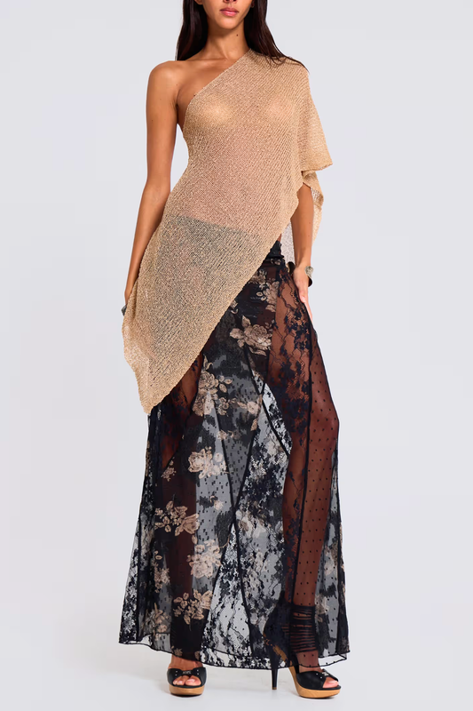 Calico Asymmetric Knit Cape - Khaki